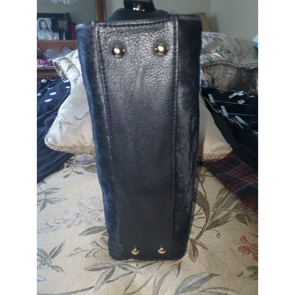 NWT Carol Brodie Black Leather & Haircalf Satchel with Gold Lucky Charms - Picture 6 of 16